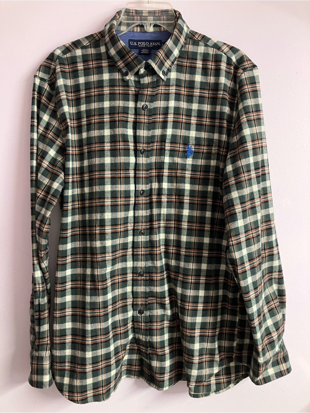 U.S. Polo Assn. Men’s Long Sleeve Button Front Shirt, Large, Green Plaid